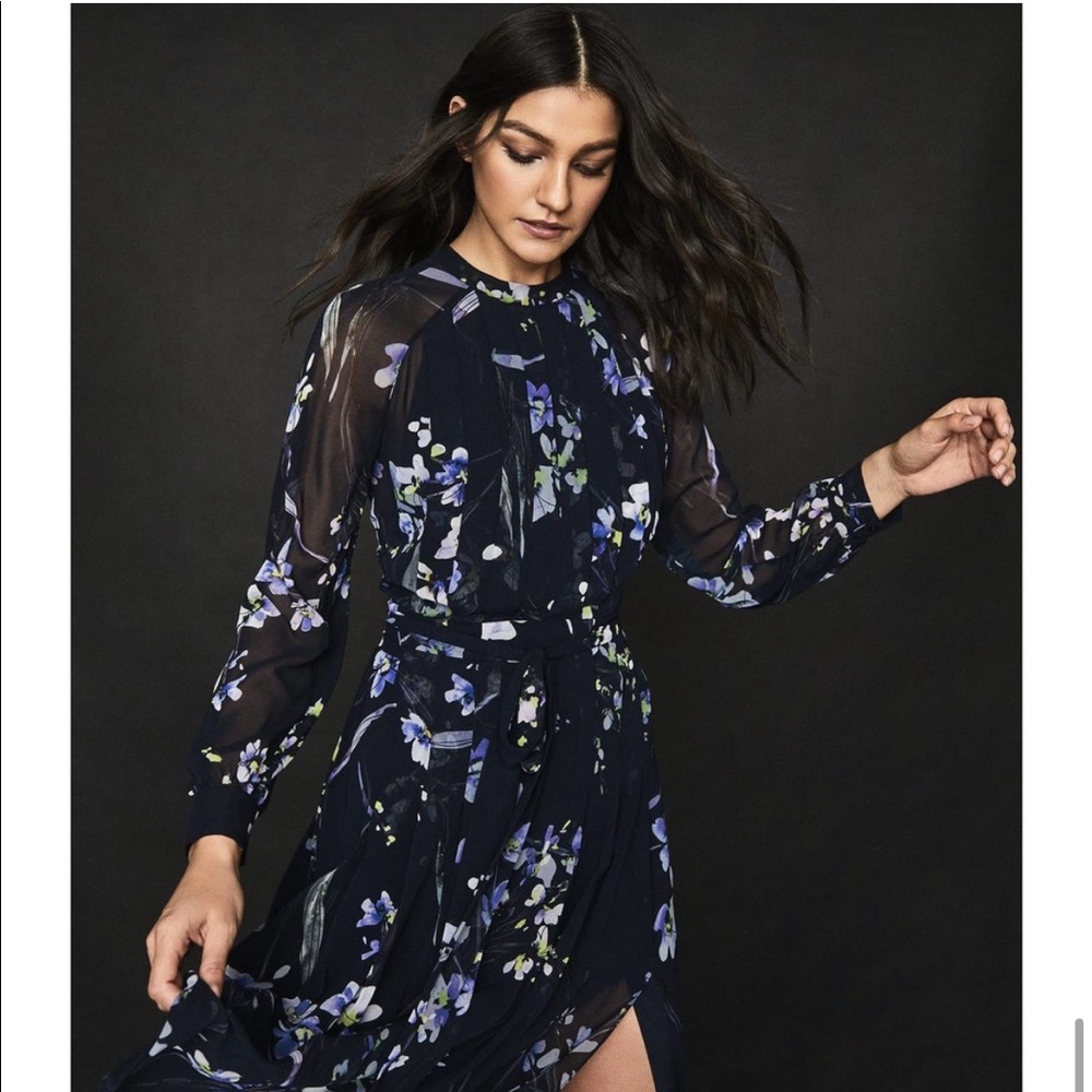 Reiss Navy Floral Midi Dress with Lavender and Green Accents - Picture 15 of 16